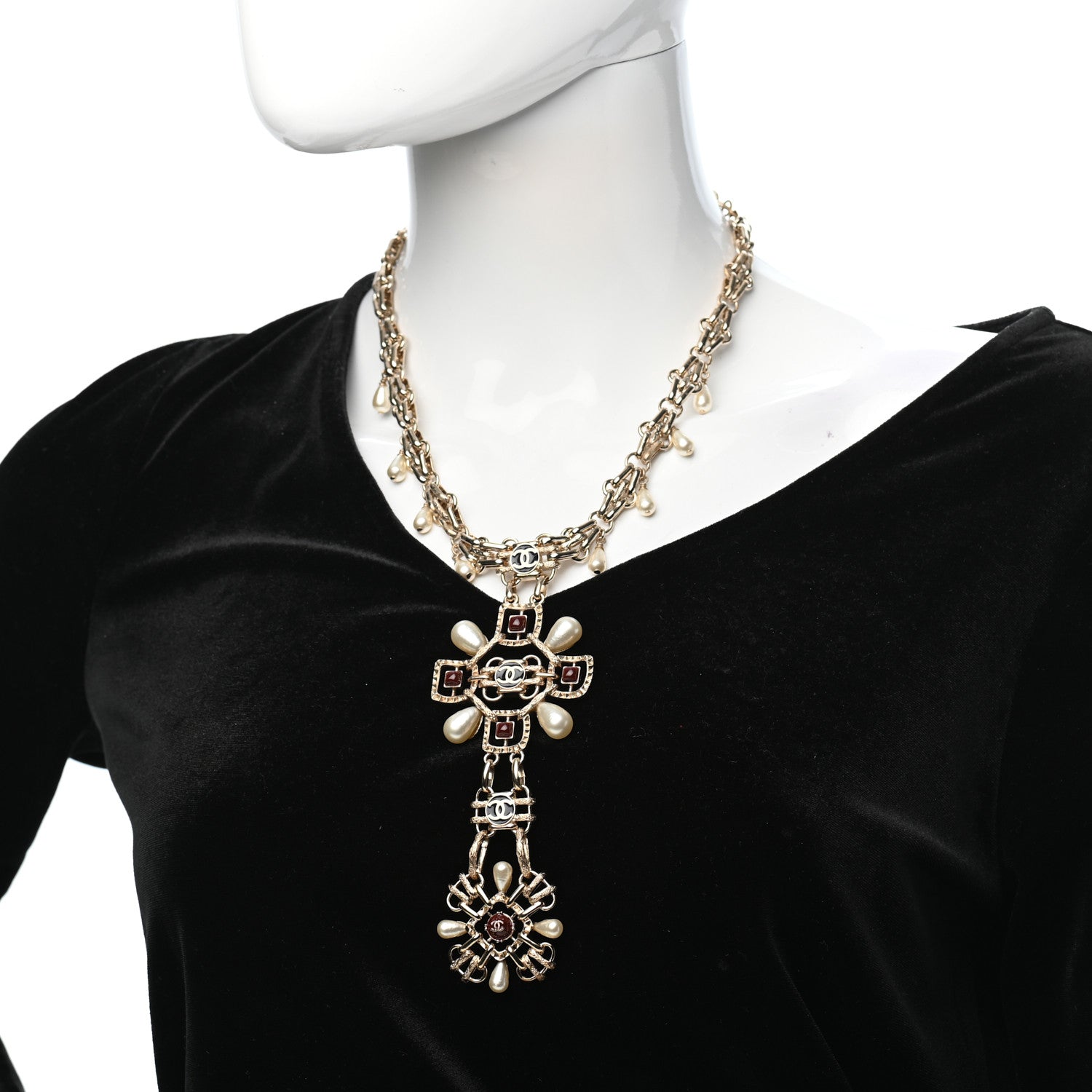 Chanel Metal Resin Bead Pearl CC Short Pendant Necklace Gold Multicolor 2 of 5