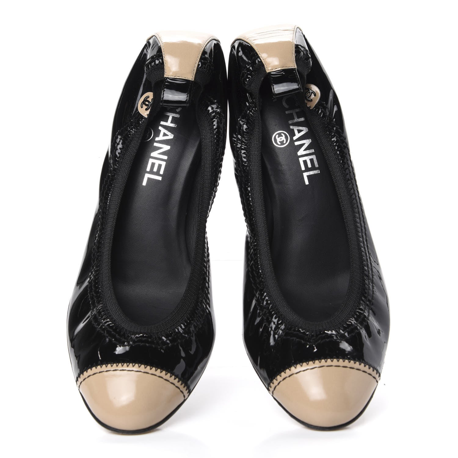 Chanel Lambskin Patent CC Elastic Stretch Pumps 39 Beige Black 5 of 10