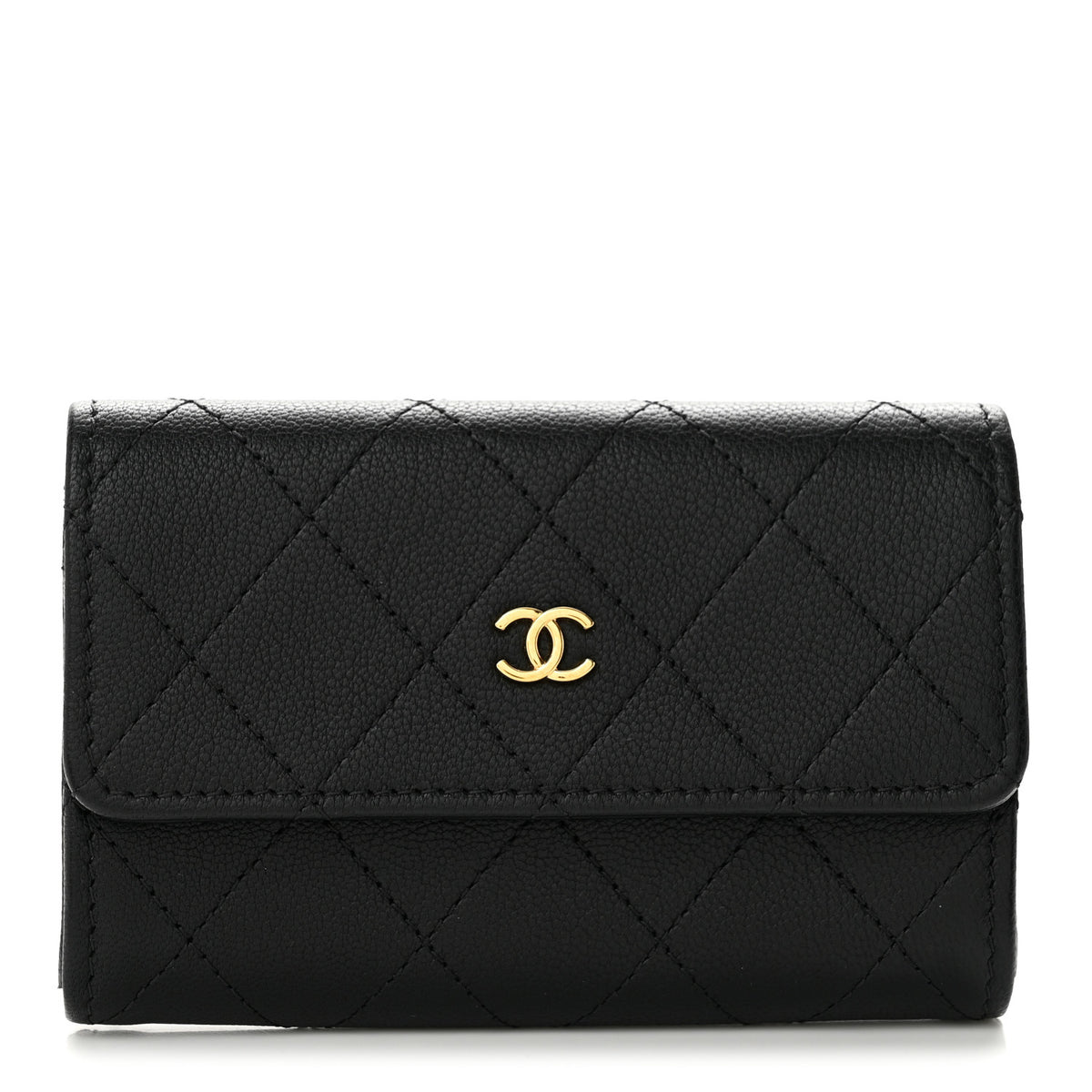 Goatskin Quilted Flap Card Holder Wallet Black