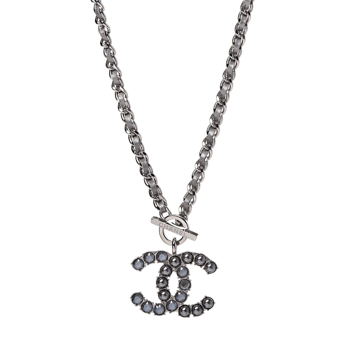 Crystal Beads Lambskin CC Short Necklace Silver