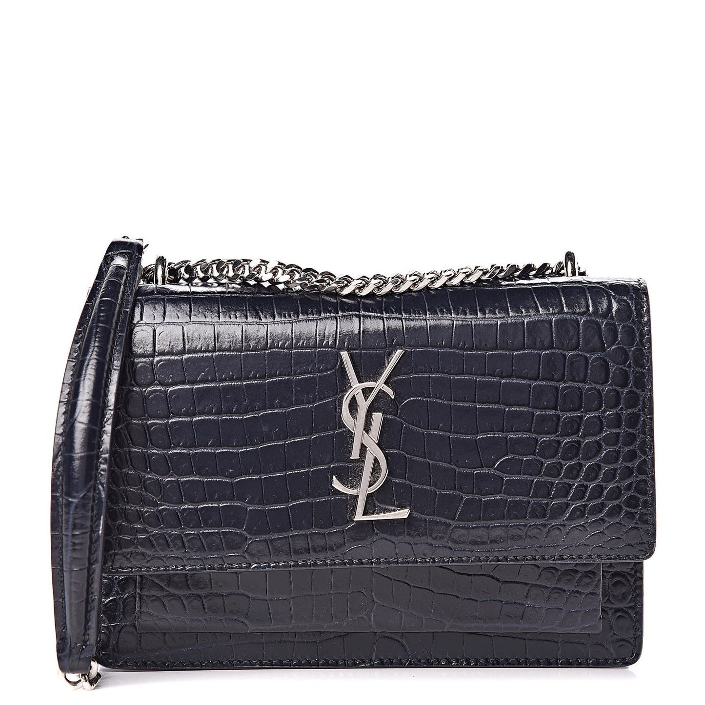 Calfskin Crocodile Embossed Monogram Sunset Chain Wallet Navy