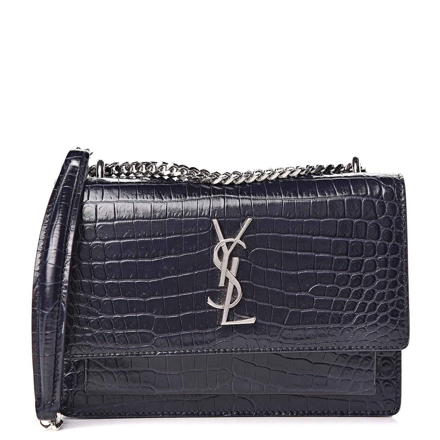 Saint Laurent Calfskin Crocodile Embossed Monogram Sunset Chain Wallet Navy 1 of 13