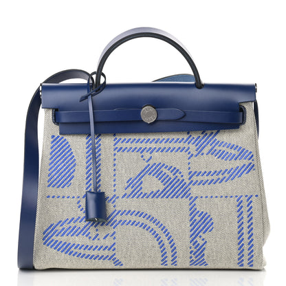 Hermes Vache Hunter Toile H Brides de Gala Herbag Zip Retourne 31 PM Bleu De France Ecru Black 3 of 11