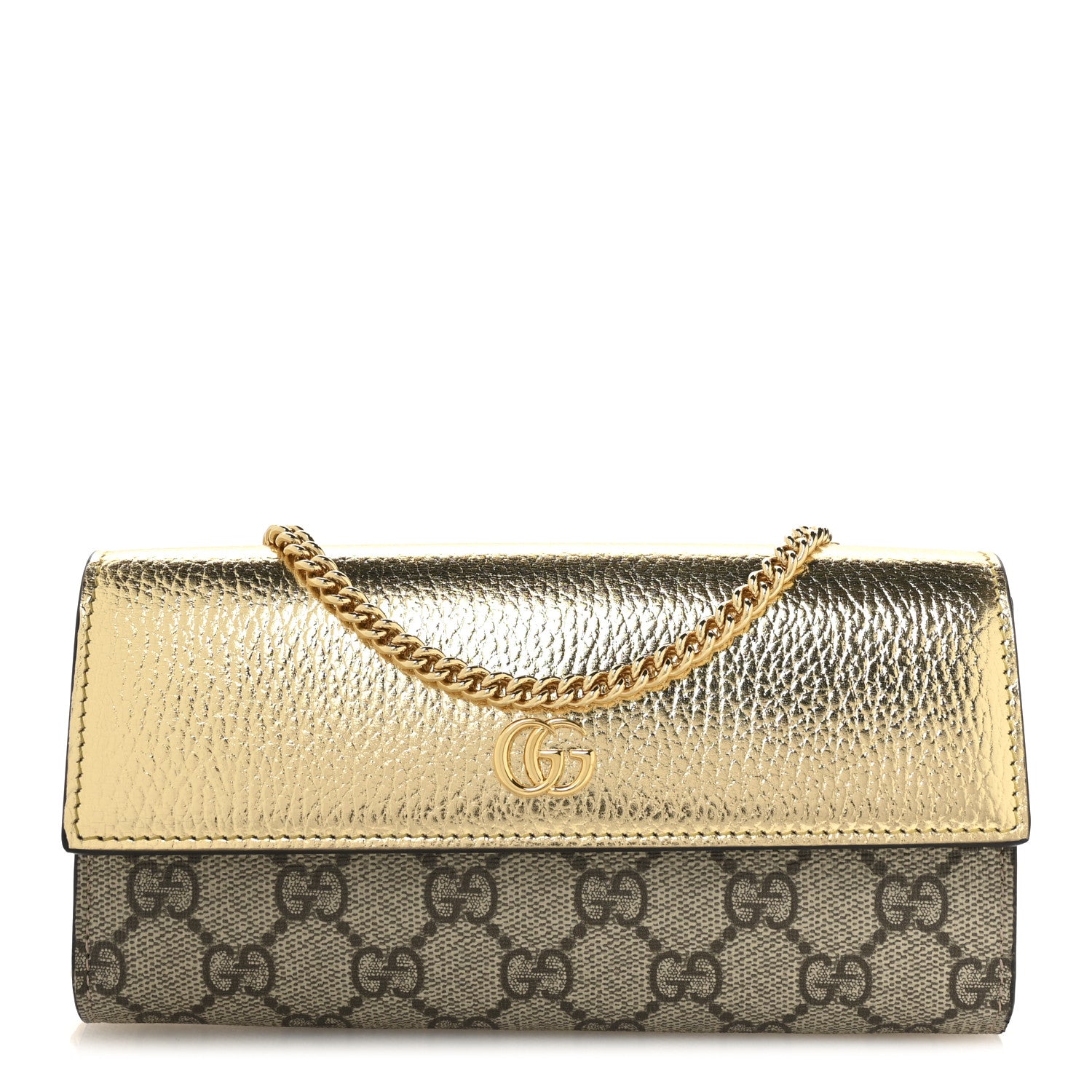 Gucci Metallic Calfskin GG Supreme Monogram Petite GG Marmont Wallet Chain Bag Gold Beige Ebony 1 of 10