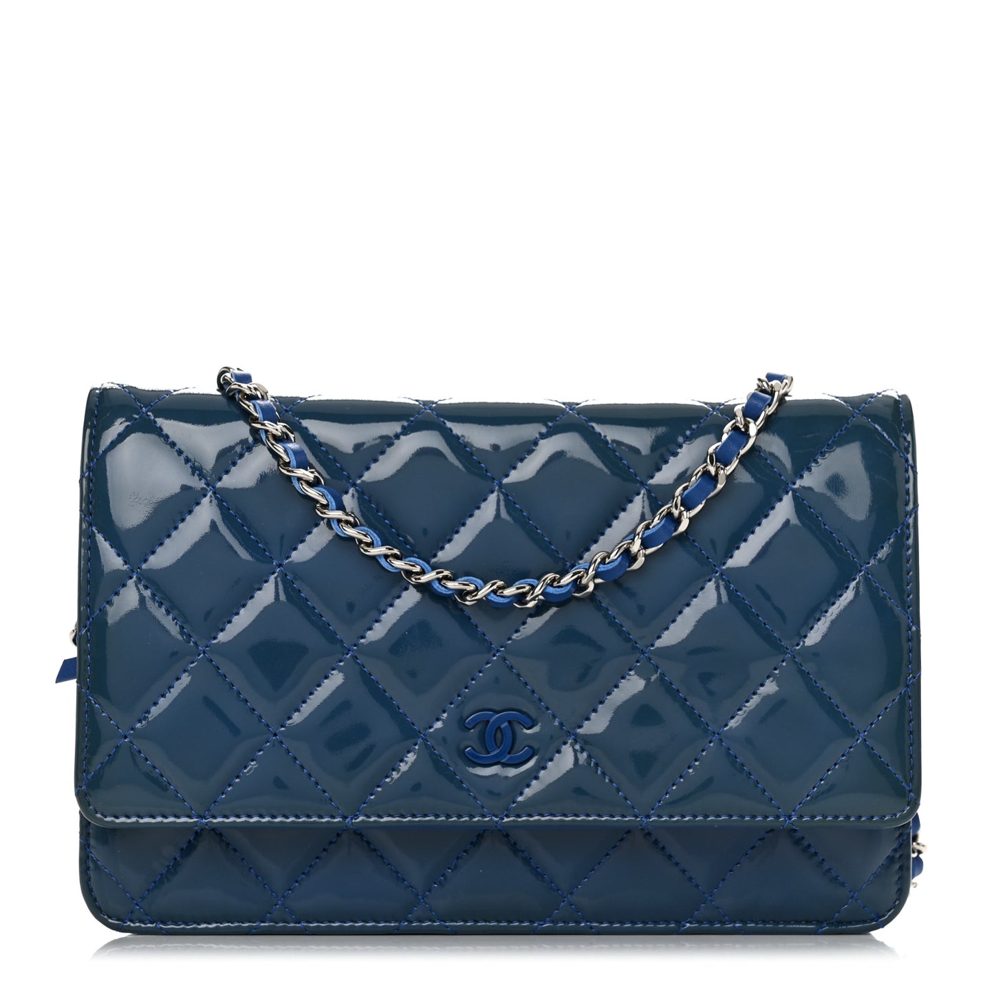 Patent Quilted Wallet On Chain WOC Blue