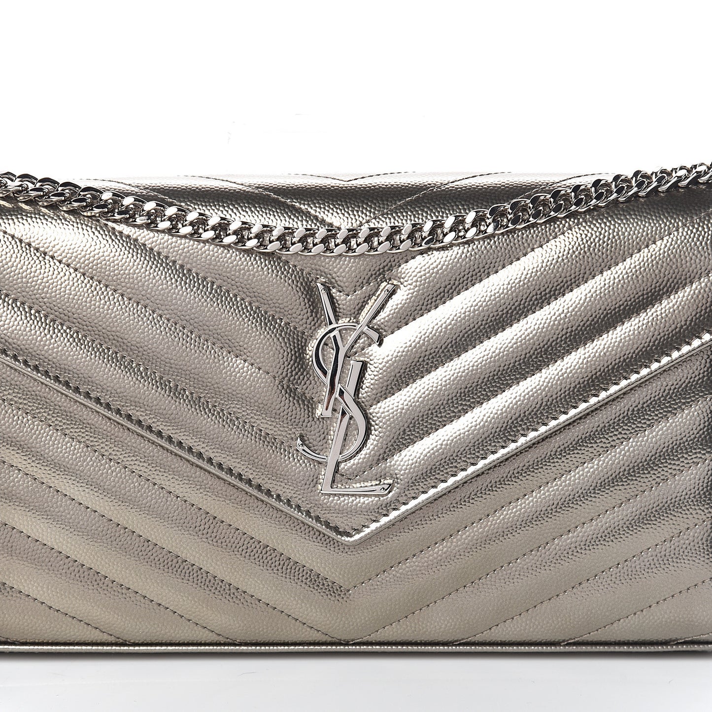 Metallic Grain De Poudre Matelasse Chevron Monogram Chain Wallet Piombo