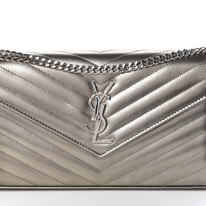 Saint Laurent Metallic Grain De Poudre Matelasse Chevron Monogram Chain Wallet Piombo 6 of 8
