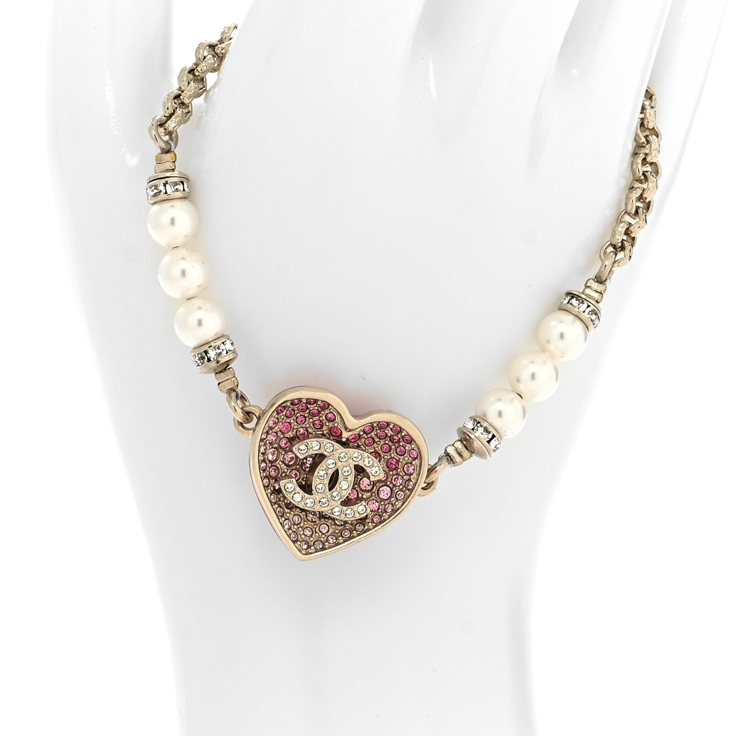 Resin Crystal Pearl Chain Heart CC Bracelet Pink White Gold