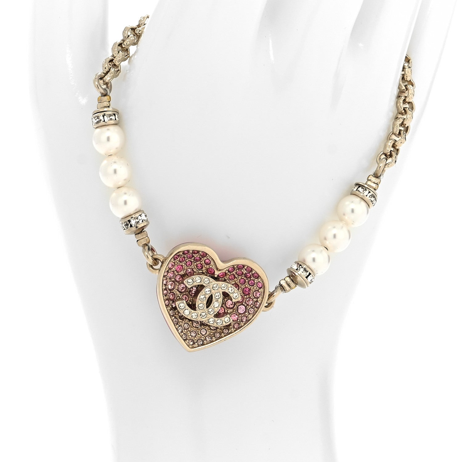 Chanel Resin Crystal Pearl Chain Heart CC Bracelet Pink White Gold 6 of 6