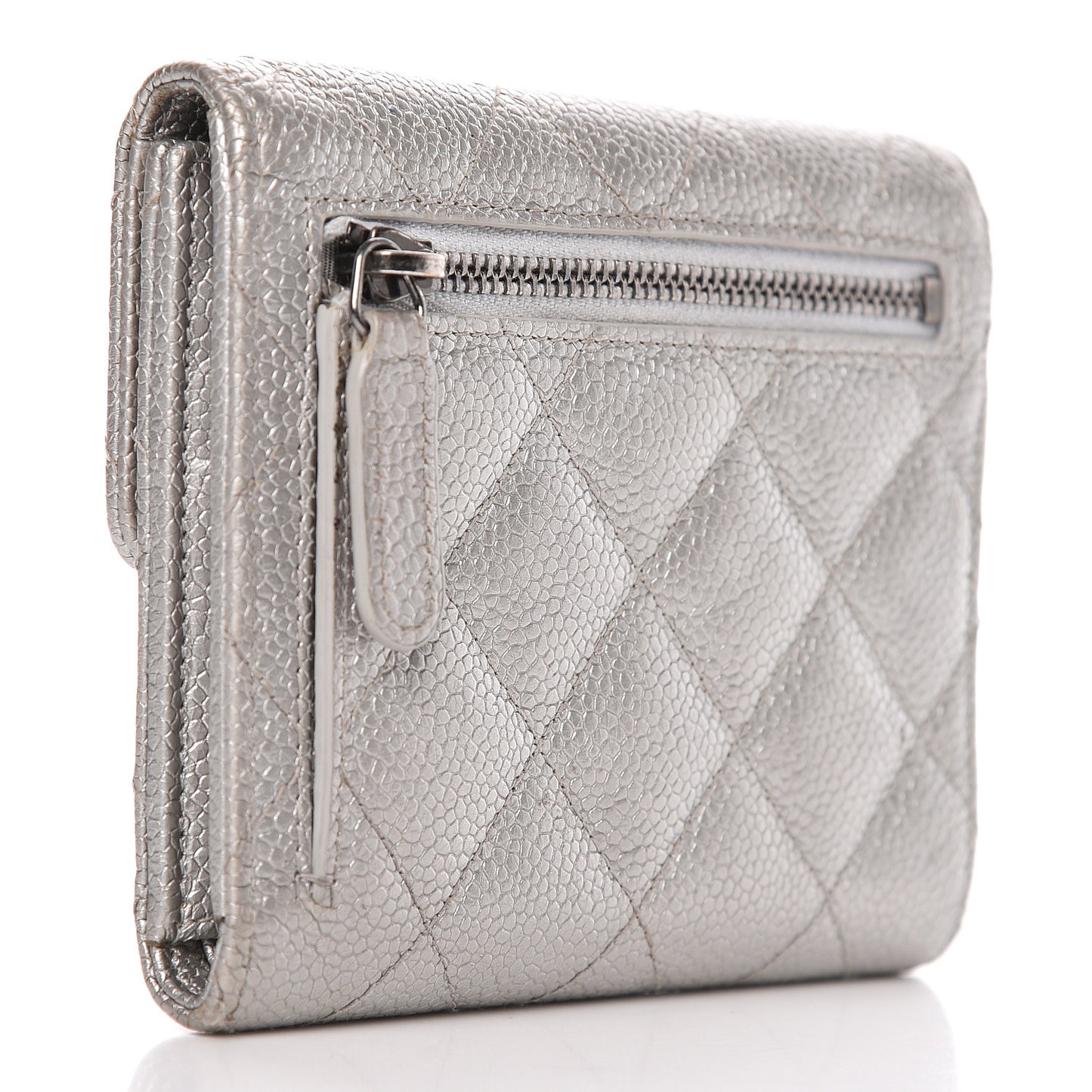 Metallic Caviar Quilted Compact Flap Wallet Silver
