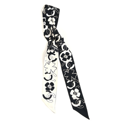 Chanel Silk Slim CC Clover Bandeau Scarf Black White 1 of 3