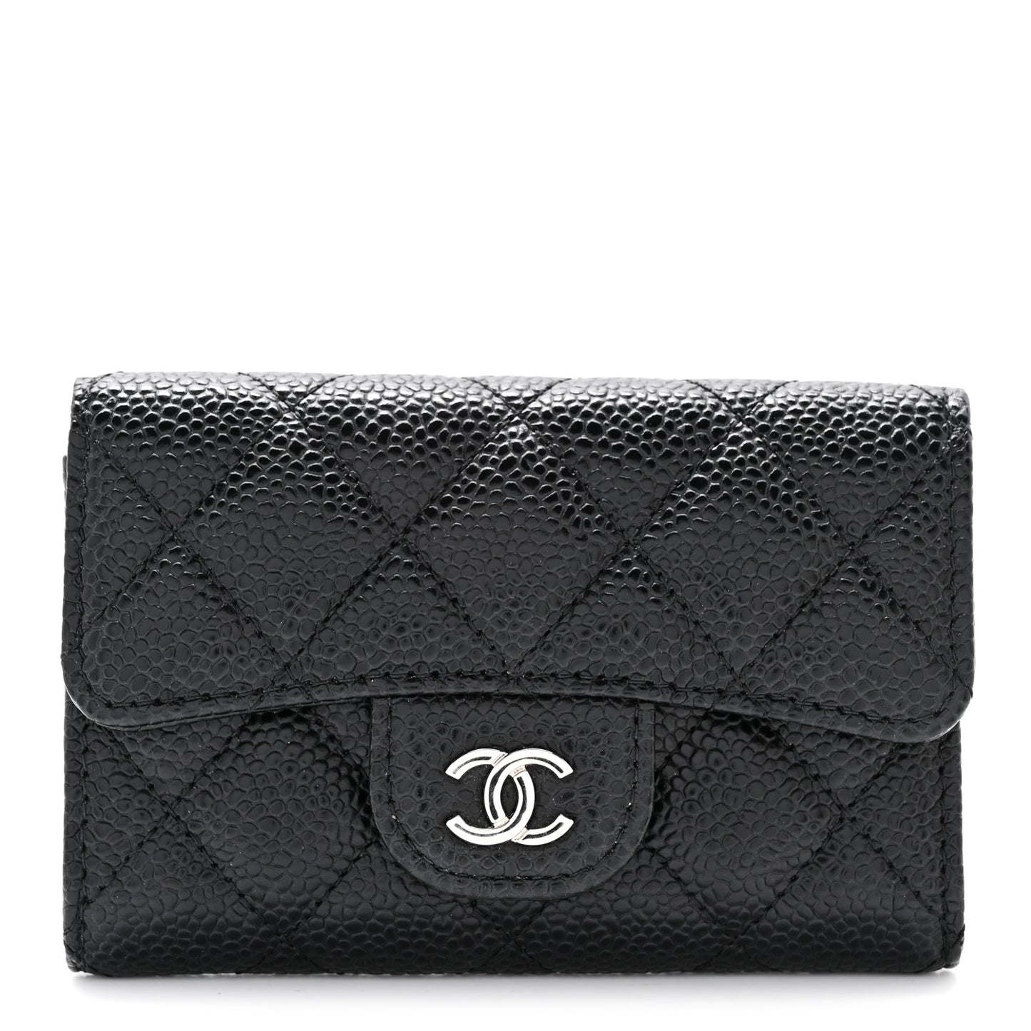 Caviar Quilted Flap Card Holder Wallet Black