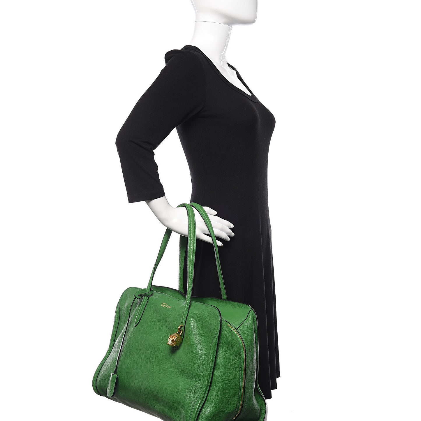 Pebbled Calfskin Large Skull Padlock Zip Around Tote Green