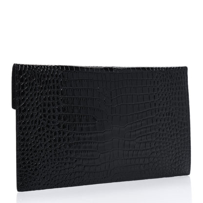 Saint Laurent Calfskin Crocodile Embossed Uptown Monogram Clutch Black 3 of 5