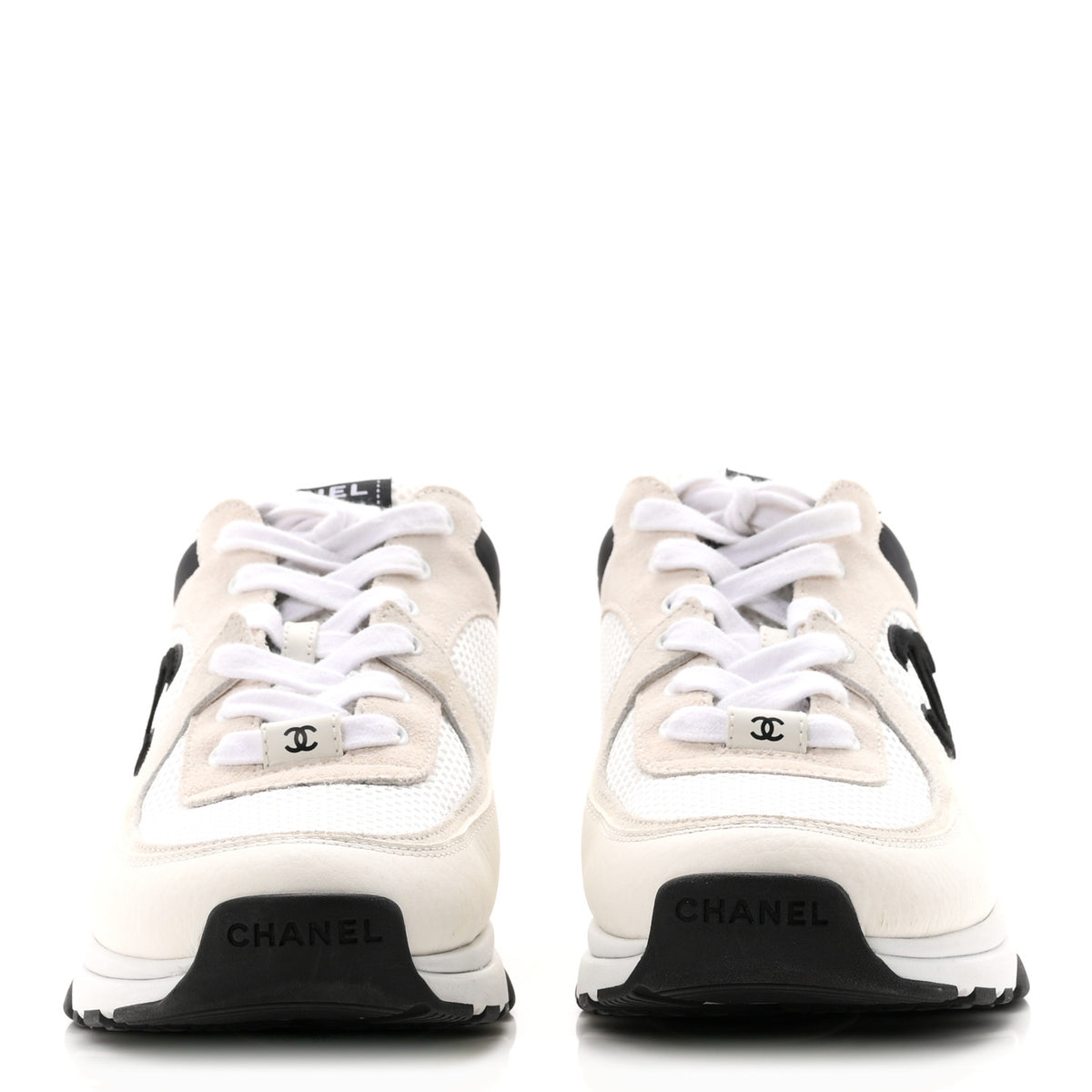 Chanel Mesh Suede Calfskin Grained Calfskin Womens CC Sneakers 40.5 White Black 3 of 9
