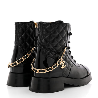 Chanel Shiny Calfskin Patent Quilted Chain Lace Up Combat Boots 37 Black 4 of 15