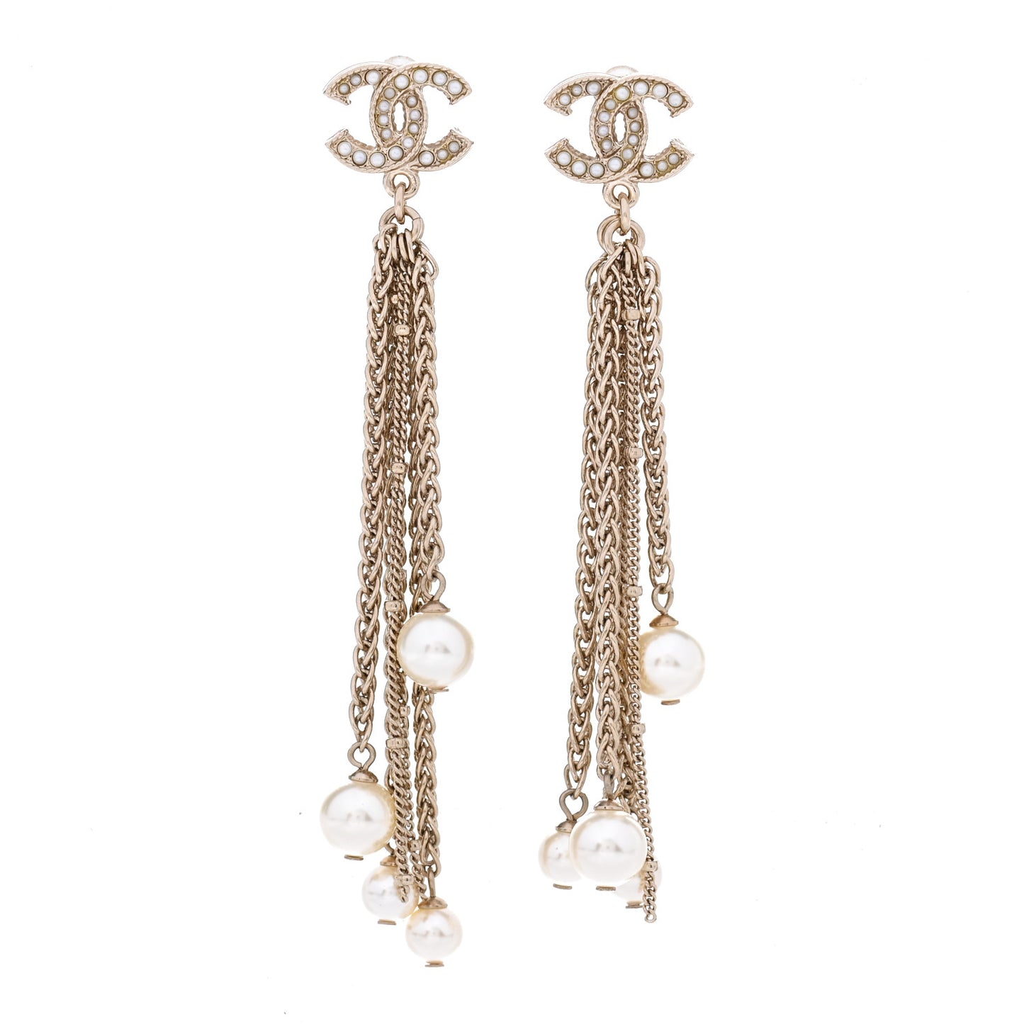 Pearl Chain CC Dangle Earrings Gold