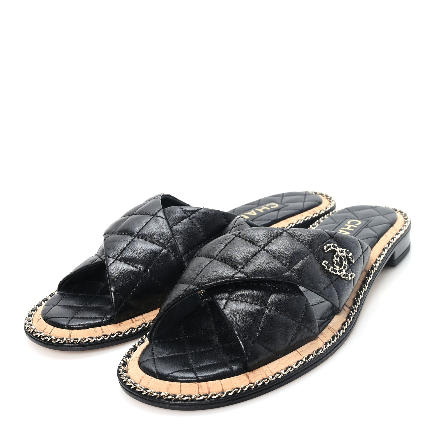 Chanel Shiny Lambskin Quilted Chain CC Sandals 38 Black 4 of 9