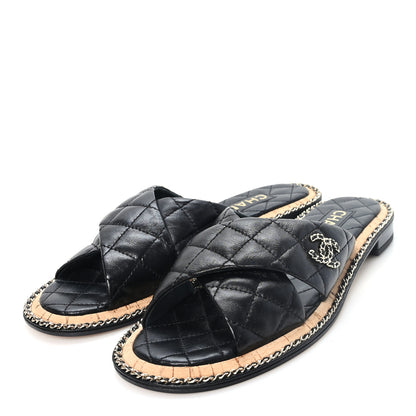Chanel Shiny Lambskin Quilted Chain CC Sandals 38 Black 4 of 9