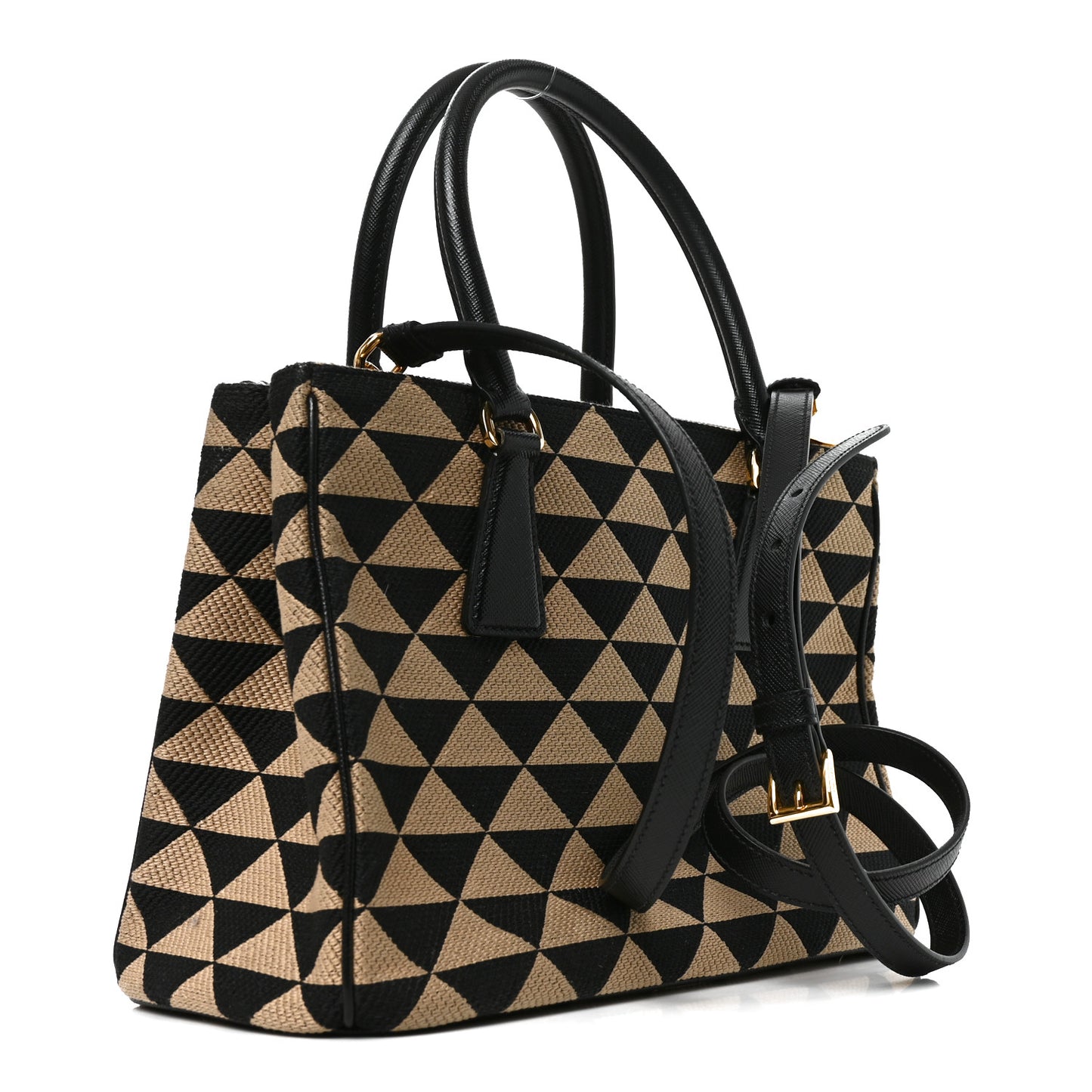 Jacquard Saffiano Triangolo Symbole Embroidered Small Galleria Double Zip Tote Black Corda