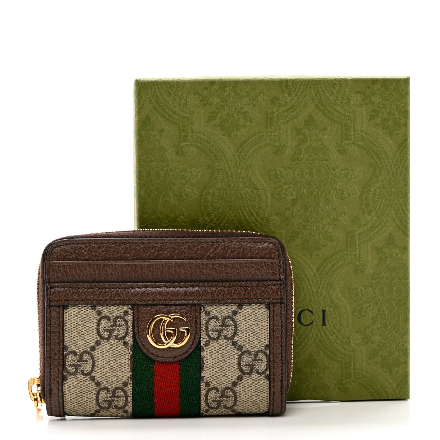Gucci GG Supreme Monogram Textured Dollar Calfskin Web Ophidia Zip Around Card Case Wallet Beige Ebony New Acero 8 of 8