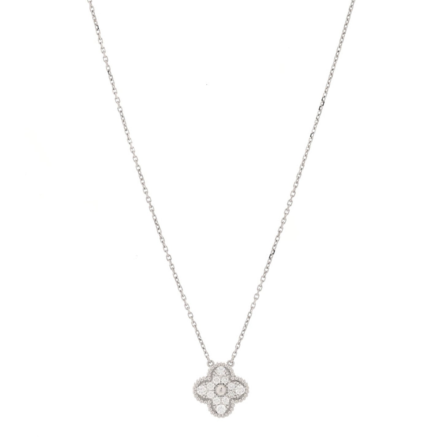 VAN CLEEF & ARPELS 18K White Gold Diamond Vintage Alhambra Pendant Necklace