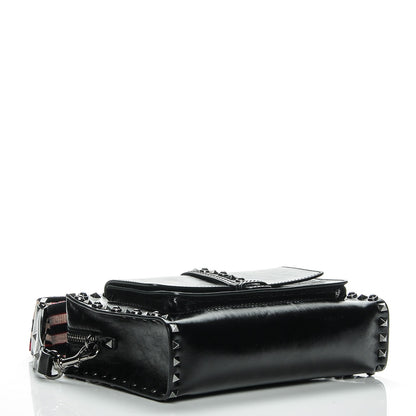Valentino Garavani Craquele Calfskin Small Guitar Strap Rockstud Rolling Flap Pocket Shoulder Bag Black 5 of 7