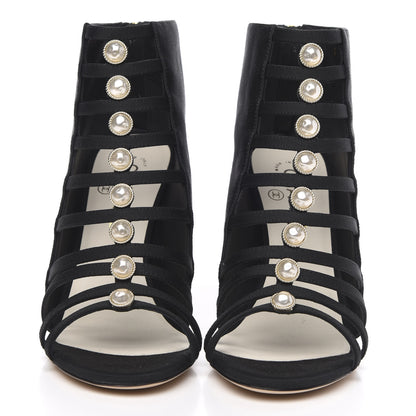 Chanel Grosgrain Pearl Open Toe Caged Ankle Boots 38 Black 2 of 9