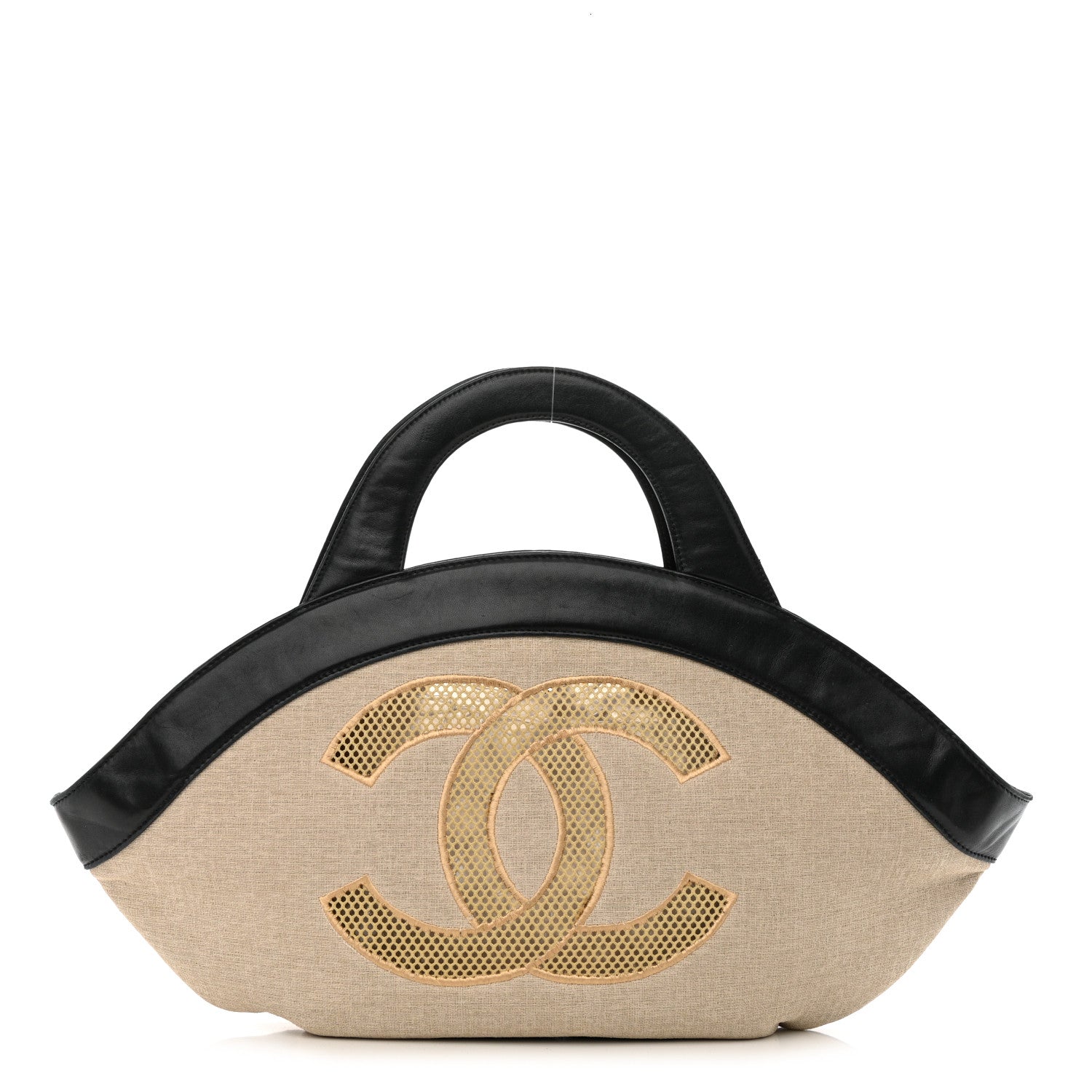 Chanel Linen Lambskin Mesh Camellia CC Tote Beige Black 1 of 18