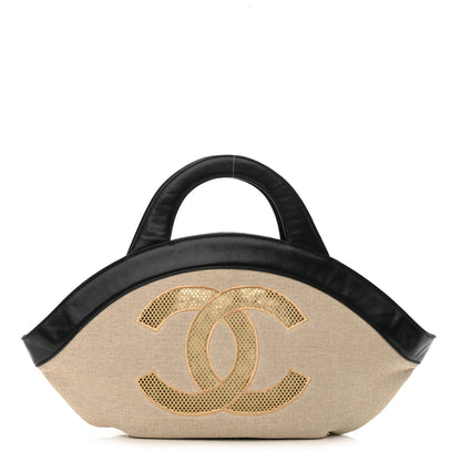 Chanel Linen Lambskin Mesh Camellia CC Tote Beige Black 1 of 18