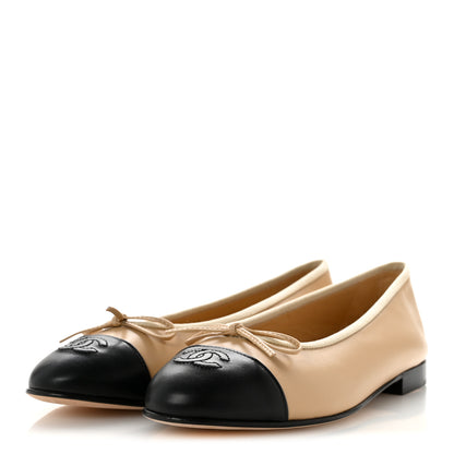 Chanel Lambskin Cap Toe CC Ballerina Flats 39.5 Beige Black 4 of 10