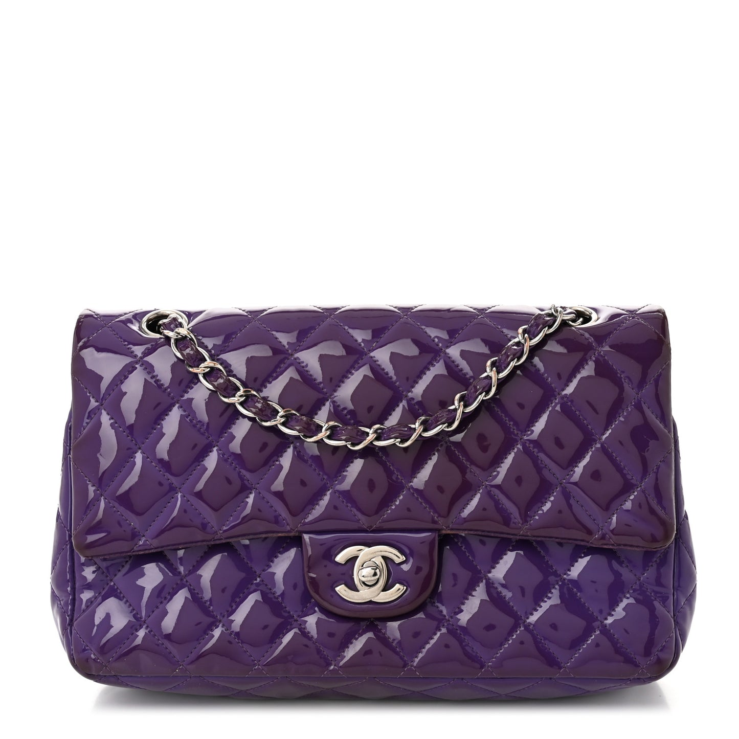 Patent Calfskin Quilted Medium Double Flap Purple