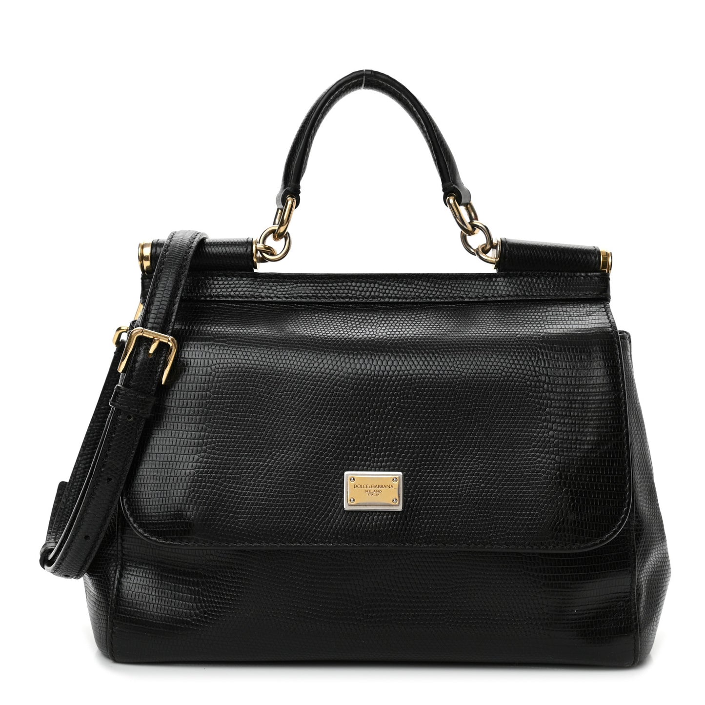 Lizard Calfskin Embossed Medium Miss Sicily Satchel Black