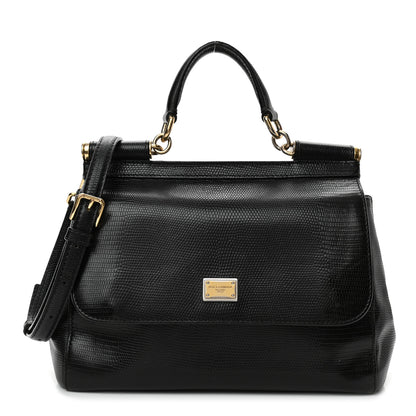Dolce & Gabbana Lizard Calfskin Embossed Medium Miss Sicily Satchel Black 1 of 10