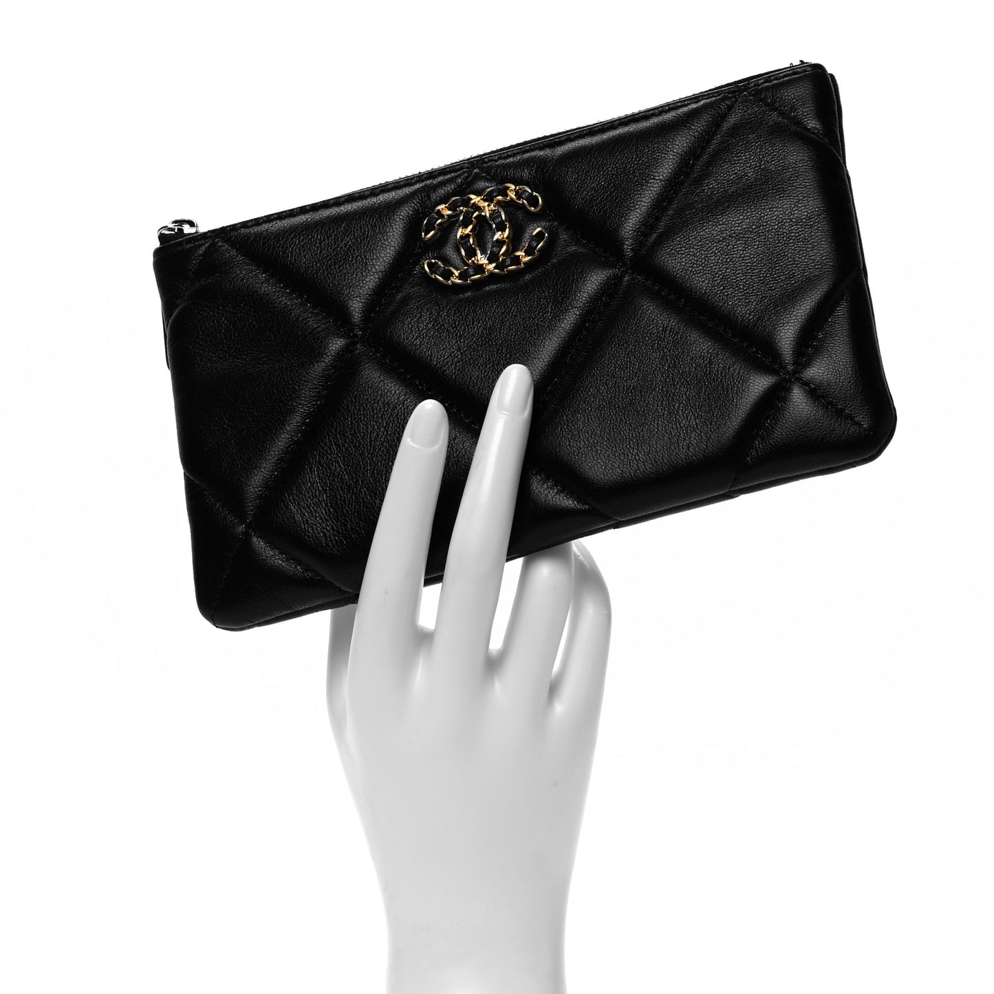 Shiny Goatskin Quilted Small Chanel 19 Pouch Black
