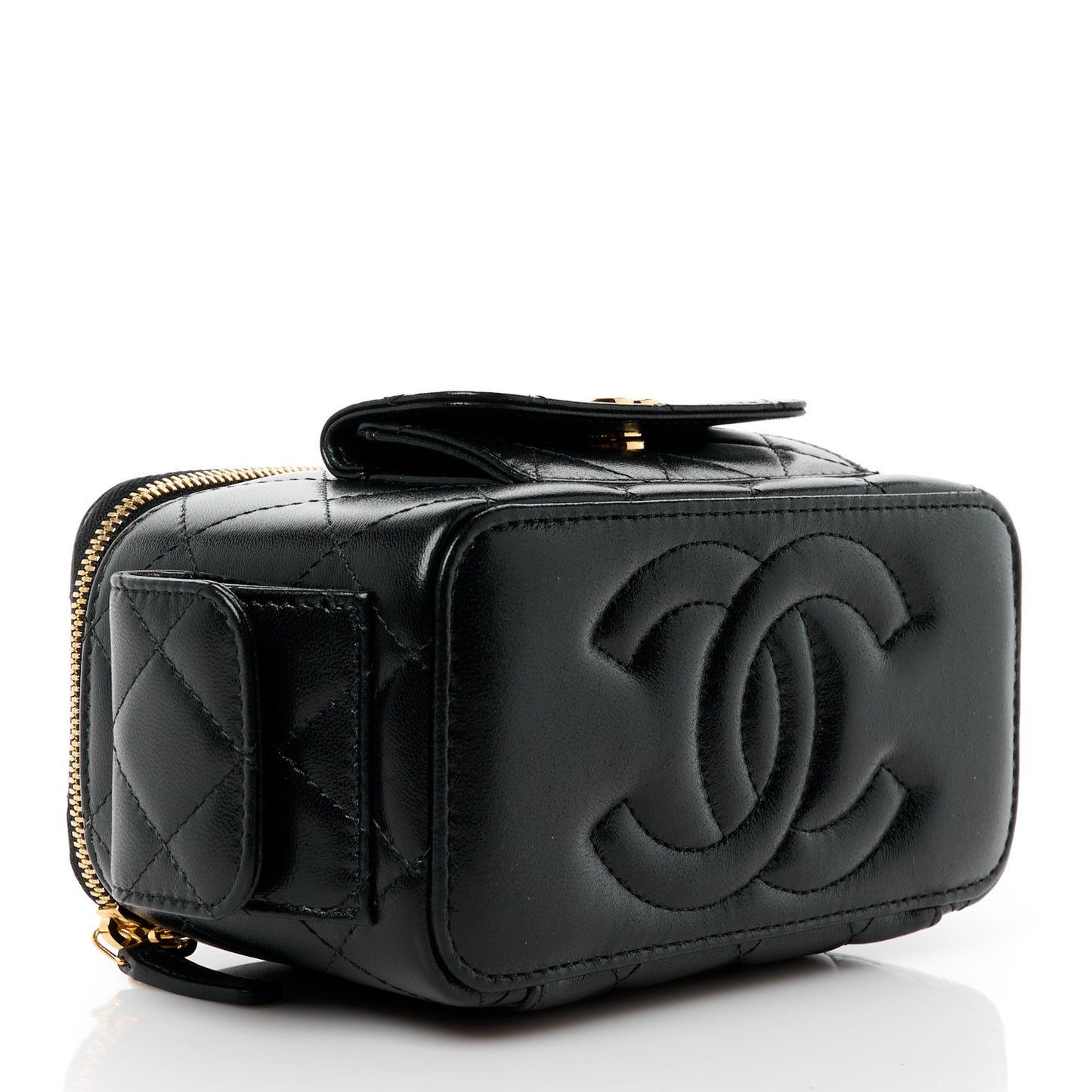 Lambskin Quilted Polly Pocket East West Top Vanity With Chain Black