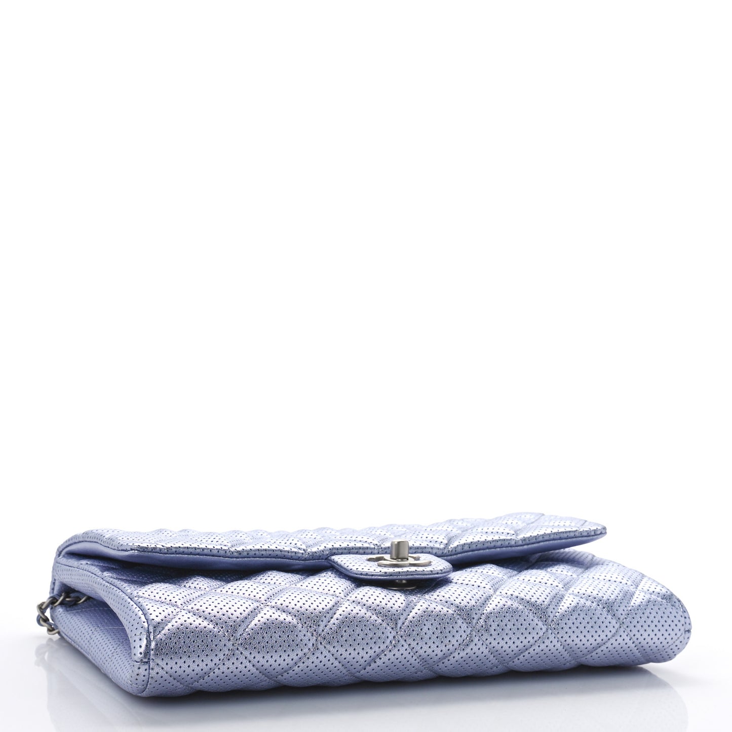 Metallic Perforated Lambskin Quilted Clutch With Chain Flap Silver