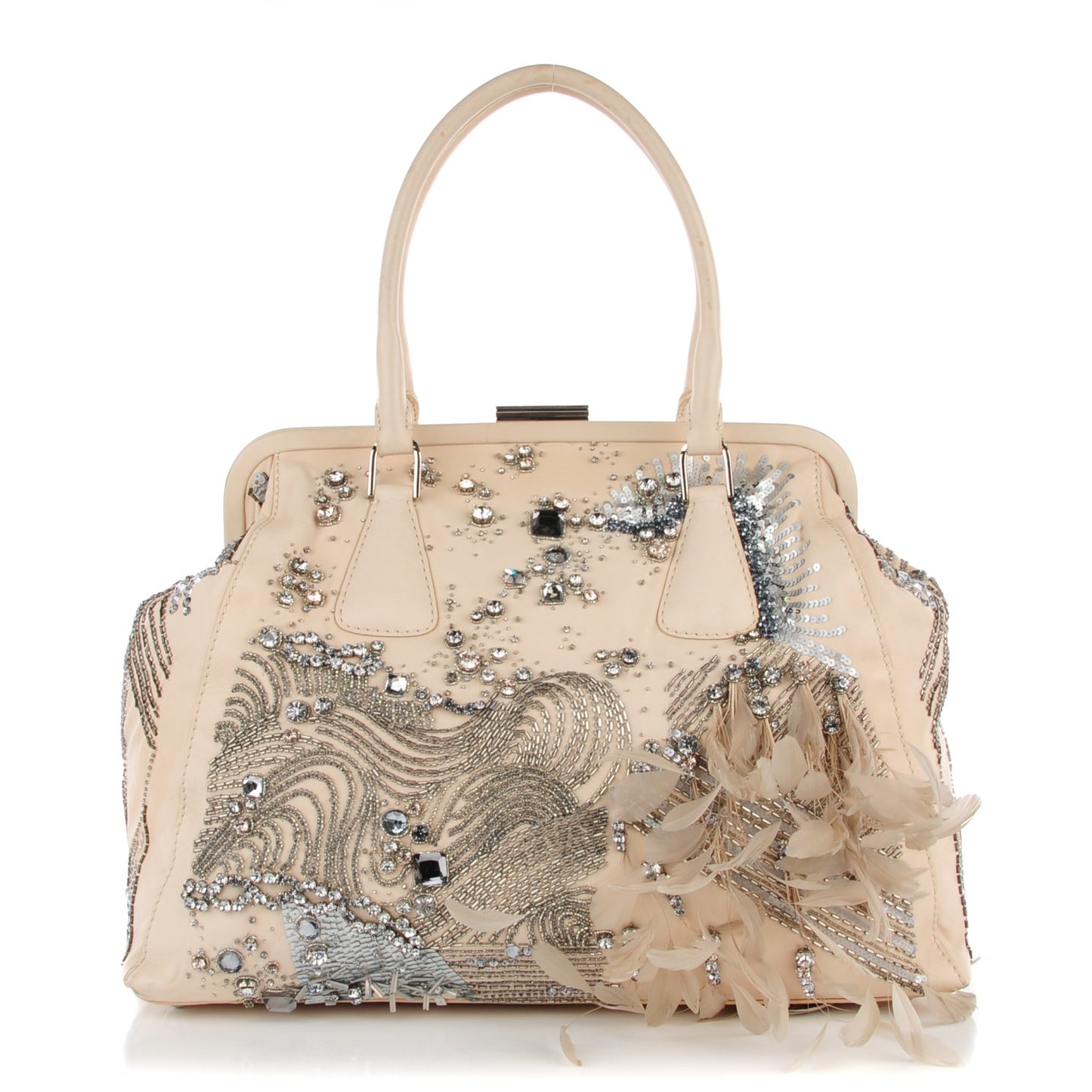 Feather Sequin Alice Glam Frame Satchel Beige