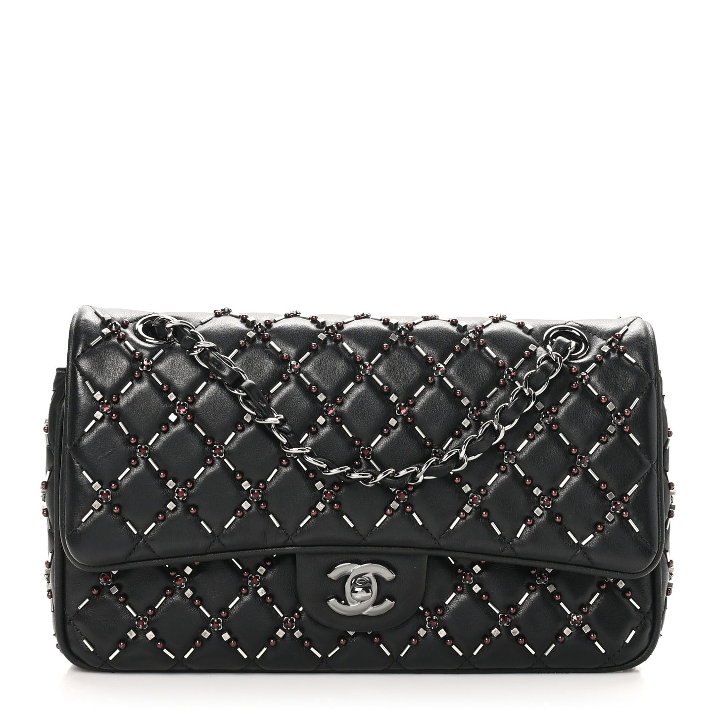 Lambskin Quilted Beaded Medium Double Flap Black