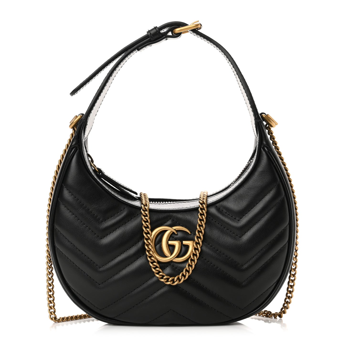 Calfskin Matelasse Chevron Mini GG Marmont Half Moon Hobo Black