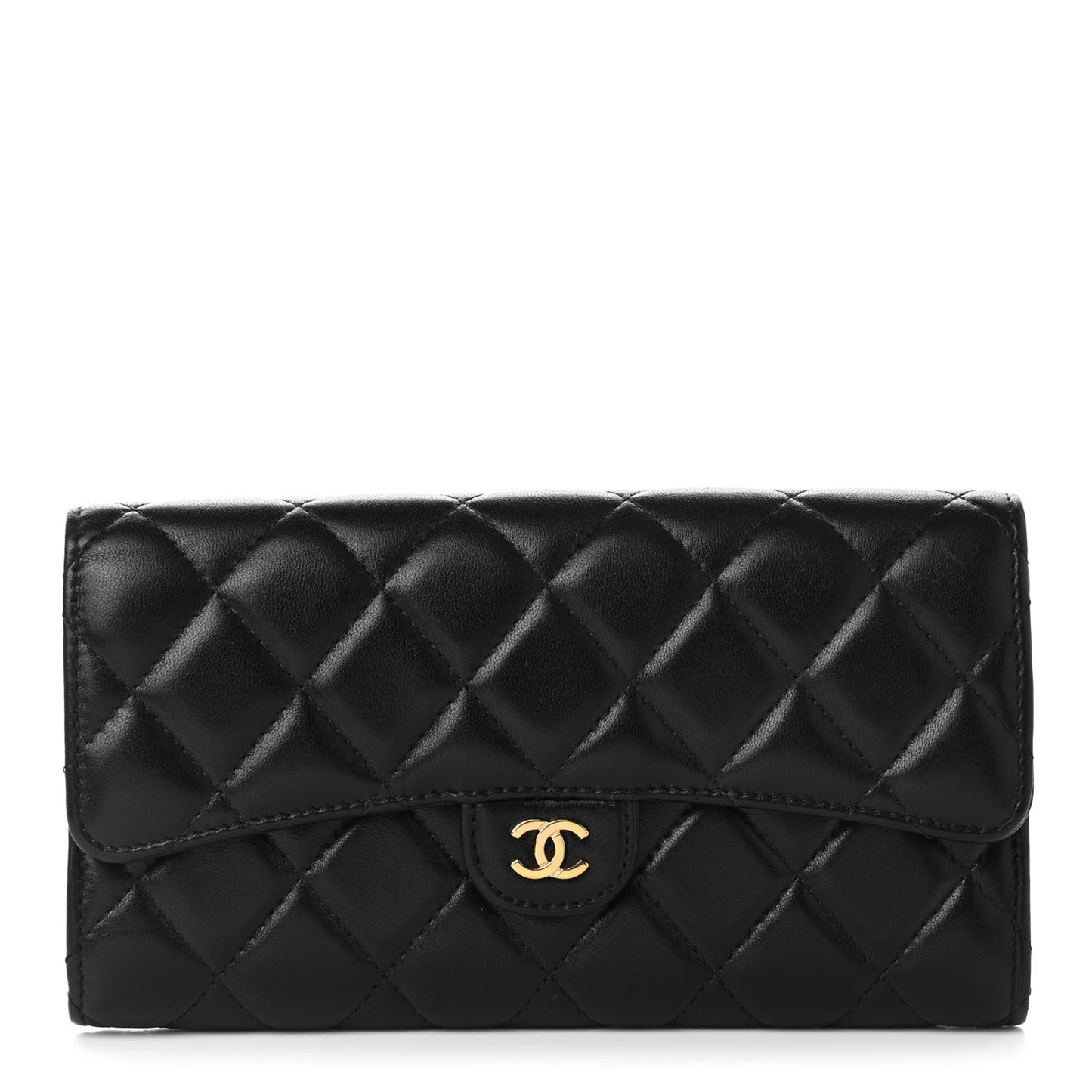 Lambskin Quilted Large Gusset Flap Wallet Black