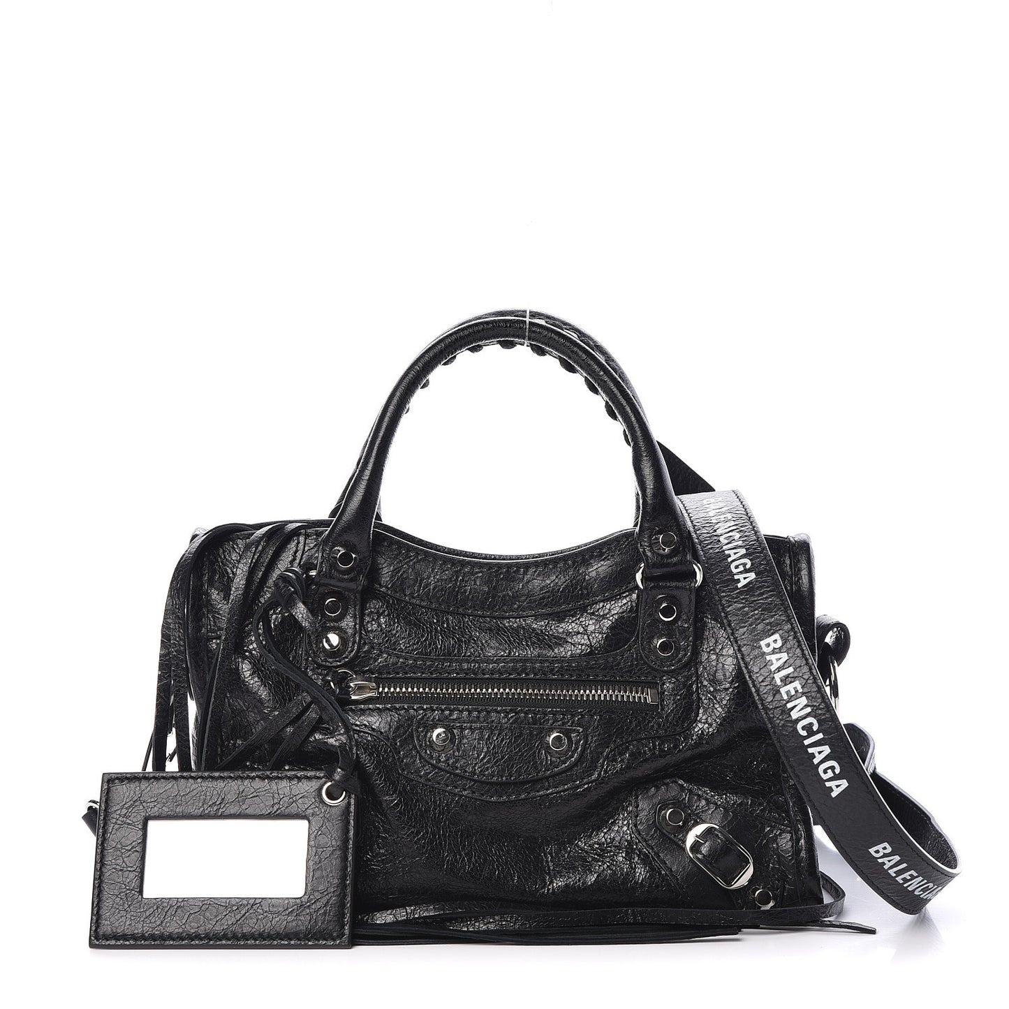 Agneau Classic Silver Hardware Mini City Logo Strap Black White