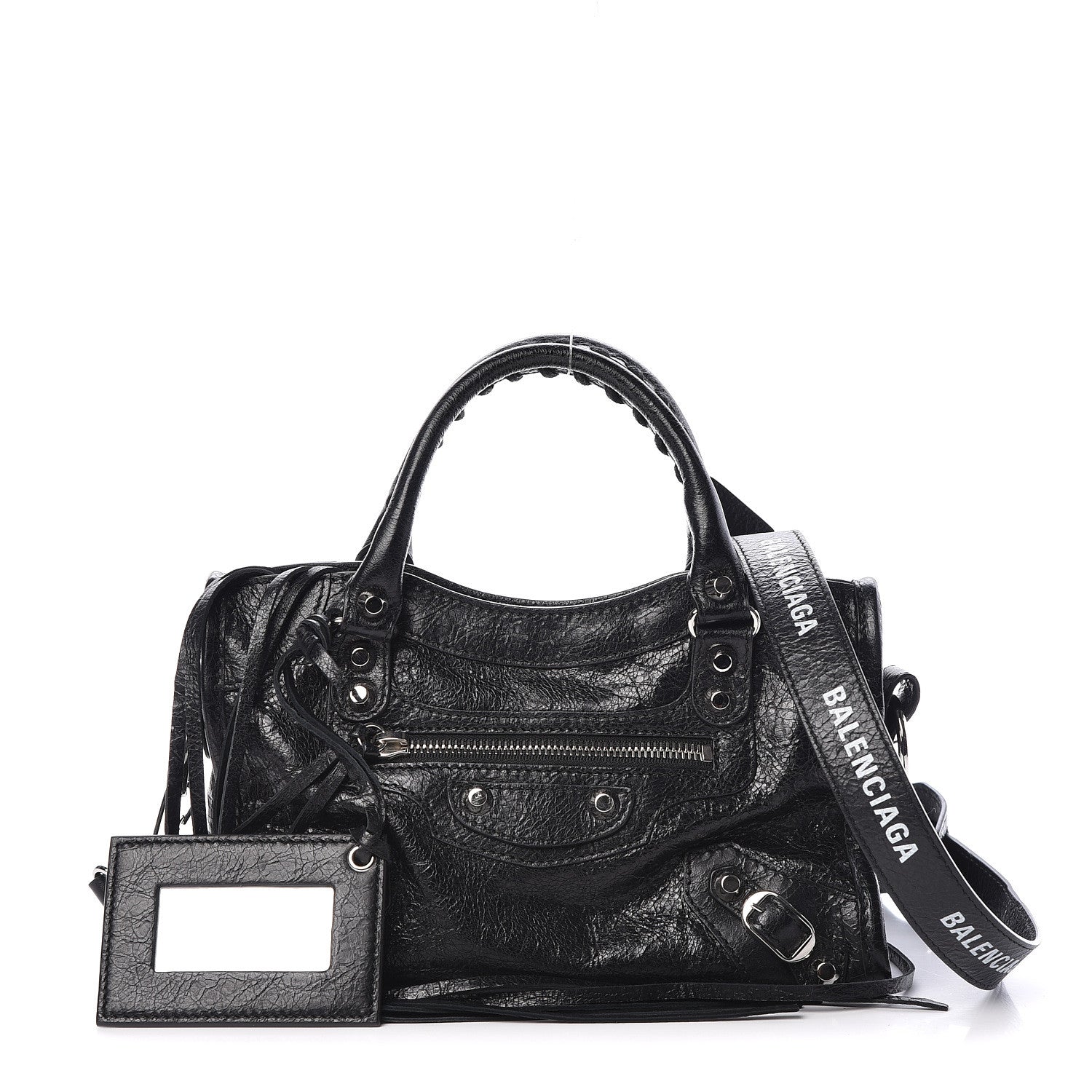 Balenciaga Agneau Classic Silver Hardware Mini City Logo Strap Black White 1 of 9