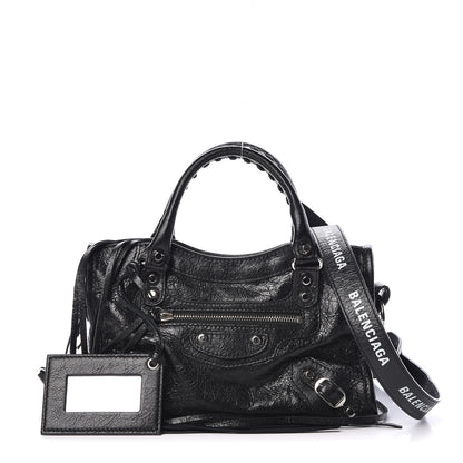 Balenciaga Agneau Classic Silver Hardware Mini City Logo Strap Black White 1 of 9