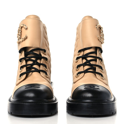 Chanel Lambskin Calfskin Quilted Lace Up Combat Boots 36 Beige Black 2 of 8