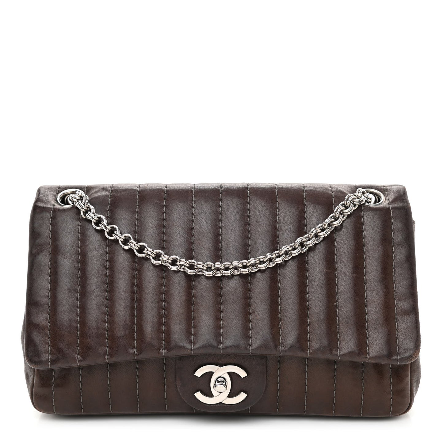 Lambskin Vertical Quilted Medium Single Flap Brown
