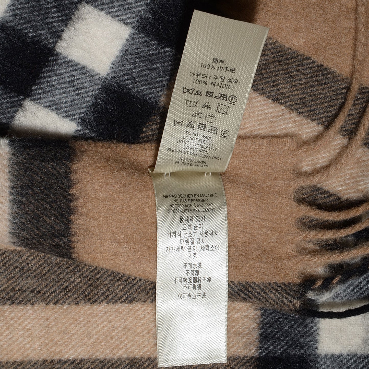 Cashmere Giant Check Fringe Scarf Camel