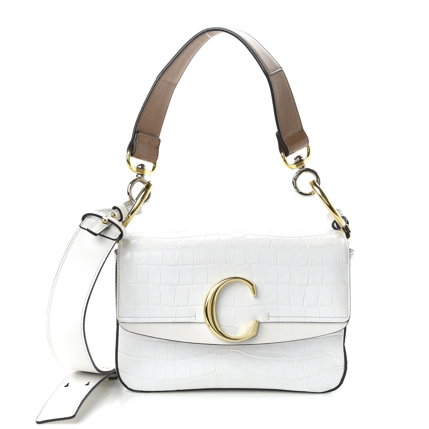 Calfskin Crocodile Embossed Small C Double Carry Brilliant White