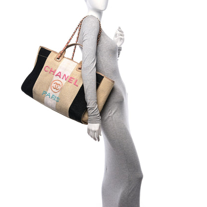 Chanel Straw Raffia Calfskin Striped Large Deauville Tote Black Beige Ivory 2 of 14