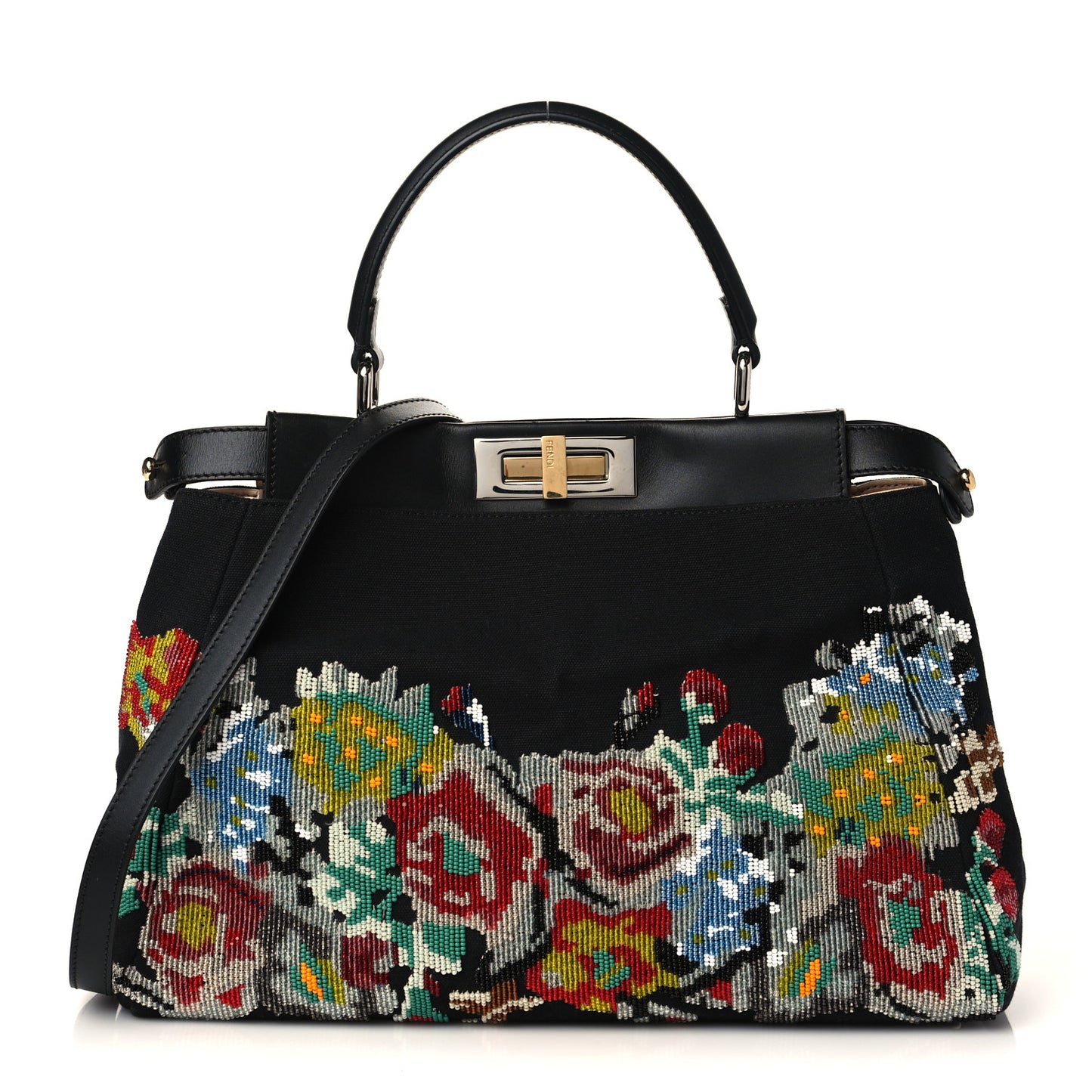Canvas Beaded Floral Medium Peekaboo Iconic Satchel Black